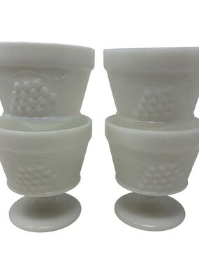 Vintage Milk Glass Sherbet Dessert Cups Grape & Leaves Pattern Set of 4 Cottage